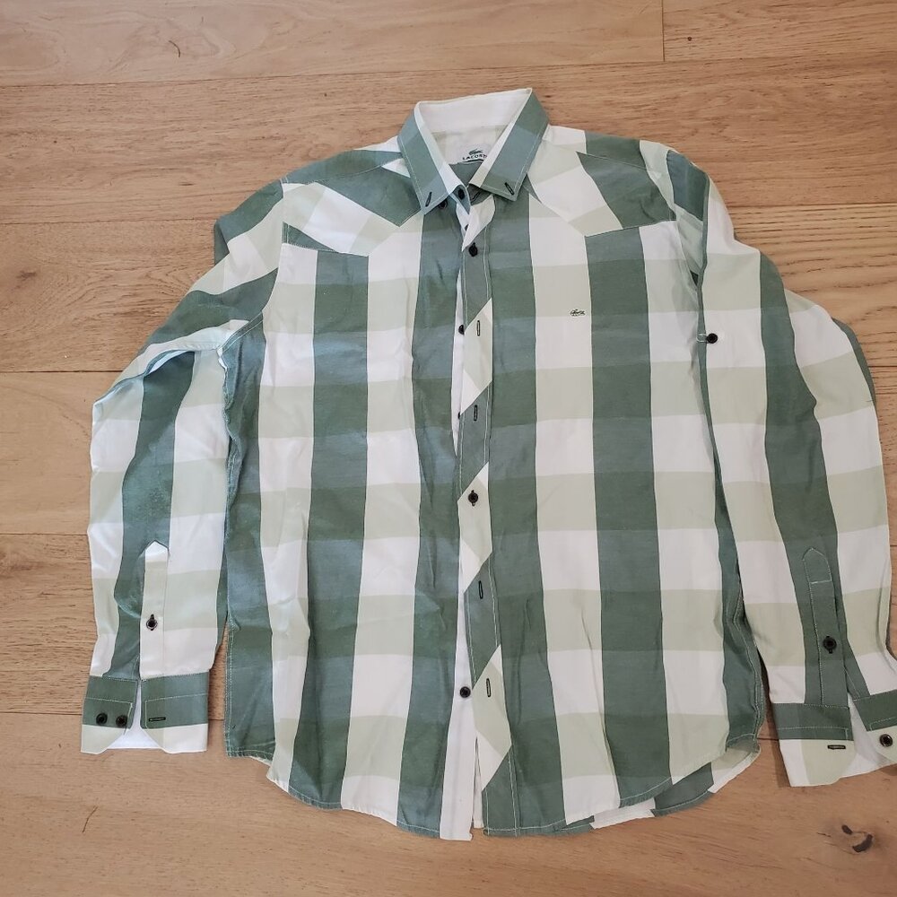 Chiff Lacoste Mens Green & White Checkered Long or Roll Sleeve Shirt XL Roll